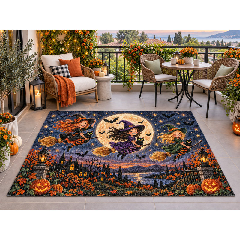 Tapis d'extérieur 152 x 213 cm (5' x 7') Sorcière volante d'Halloween, épais, imperméable, en PVC bouclé, résistant, séchage rapide, idéal pour terrasse, porche, balcon, entrée, camping-car.