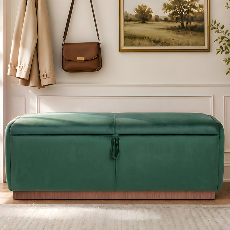 Banc de rangement rembourré en velours de 47 po de largeur Mid-Century, Vert