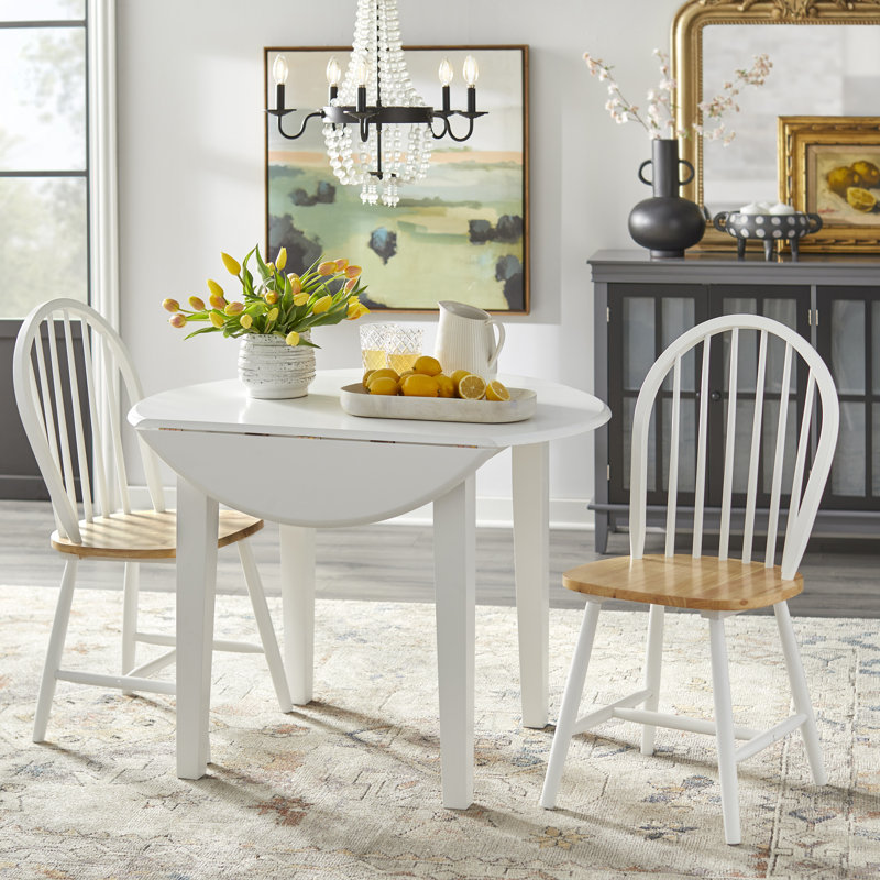 Framlingham Drop Leaf Solid Wood Dining Set, White, 3 Pieces: Table, 2 Chairs, White/Natural