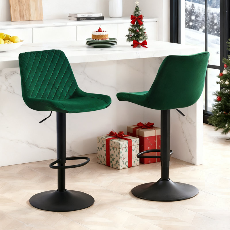 Apoch Waffle Velvet Height Adjustable Bar Stool 360 Swivel with Footrest Counter Stool, Green