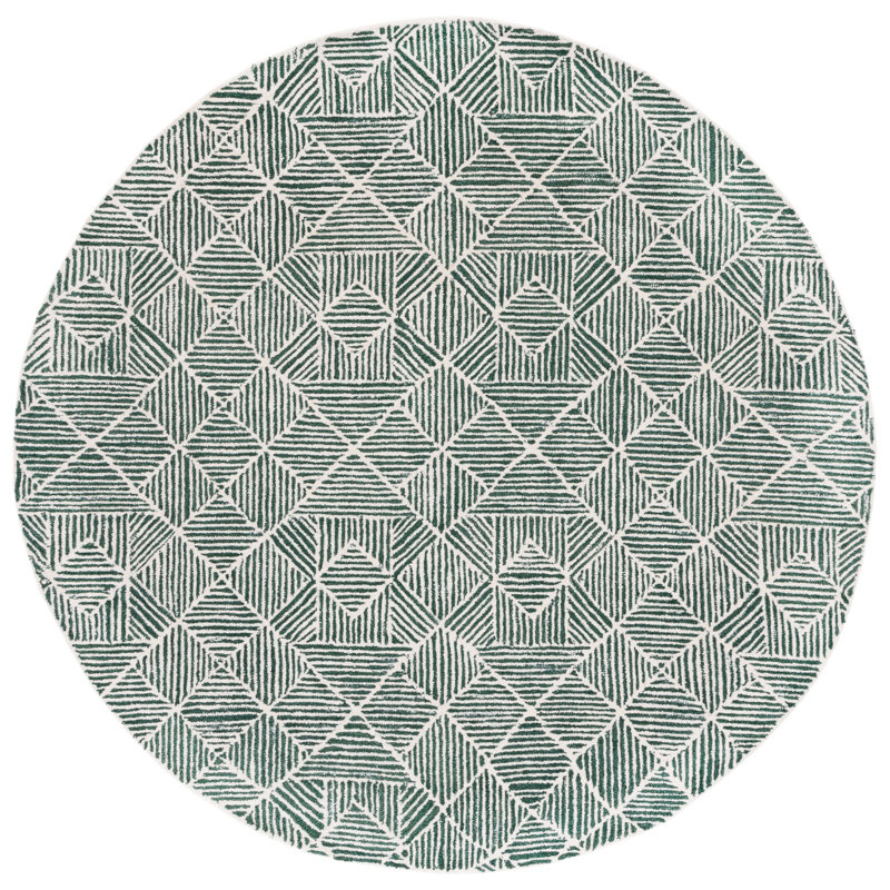 Demetrius Geometric Handmade Tufted Dark Green/Ivory Area Rug, Round 4'