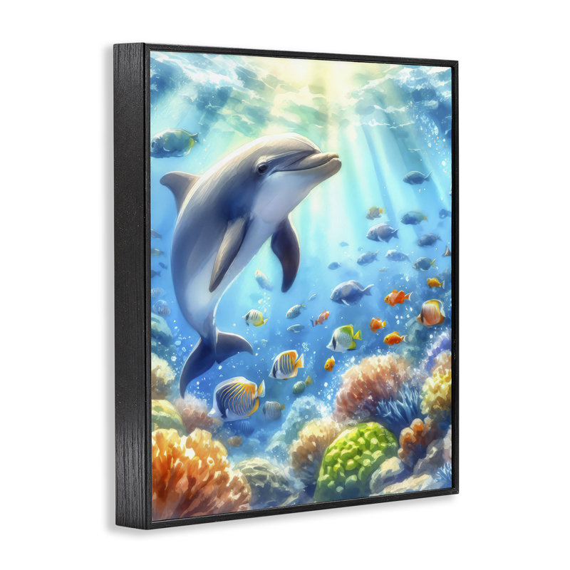  Smiling Dolphin Under Sea Giclee Art by LSR Design Studio, H 14 po x l 11 po, Giclée encadrée noir minuit