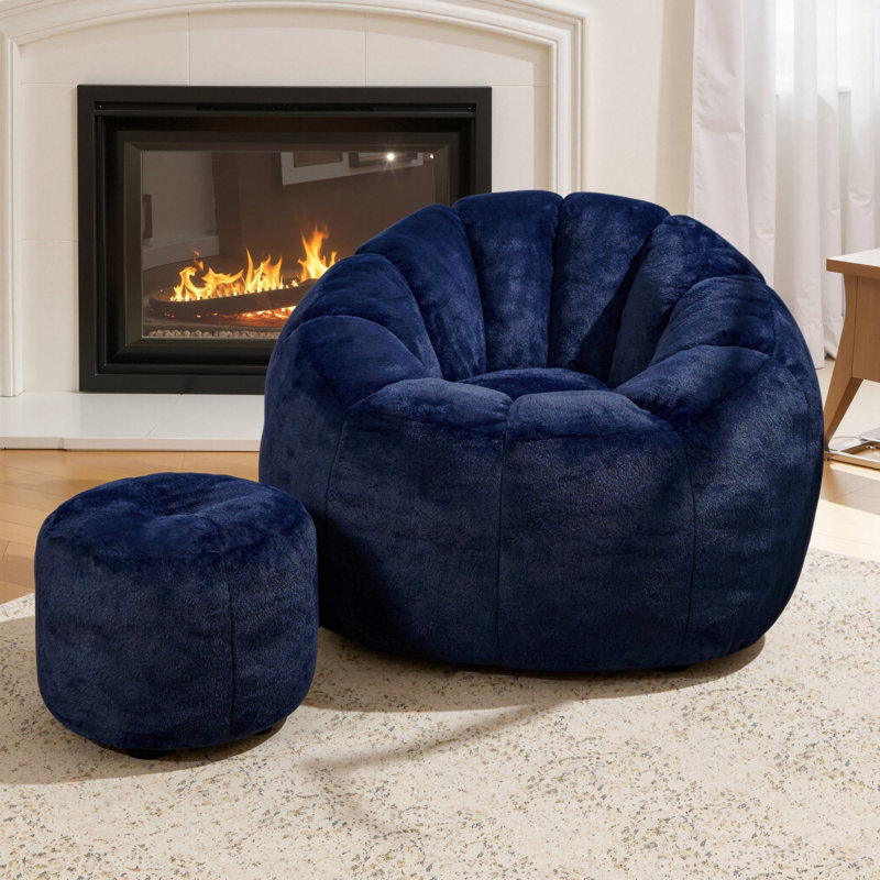 Fauteuil à billes avec sac à billes en compression 40 po Compression, Velours bleu foncé
