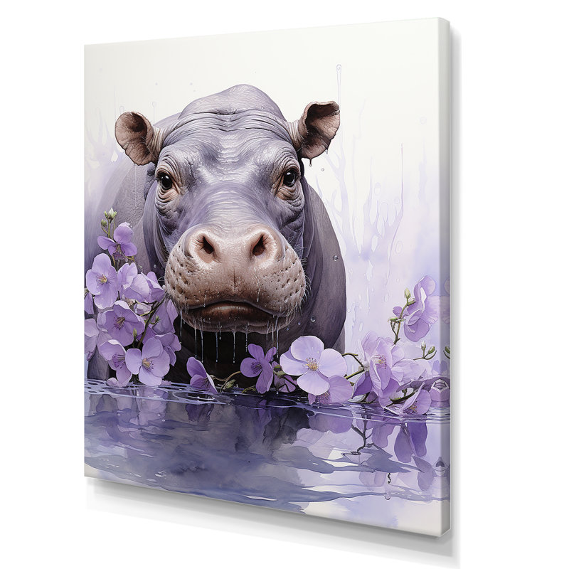 Art floral hippopotame mystique 2 - Hippopotame, Toile tendue, H 44 po x l 34 po x P 1,5 po