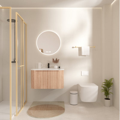 30 Inch Wall Mounted Bathroom Vanity With Sink Curved Design, Wave Texture Wood Finish, Integrated Cultured Marble, Pre-Assembled, Modern Floating Vanity Cabinet With Soft Close Drawer