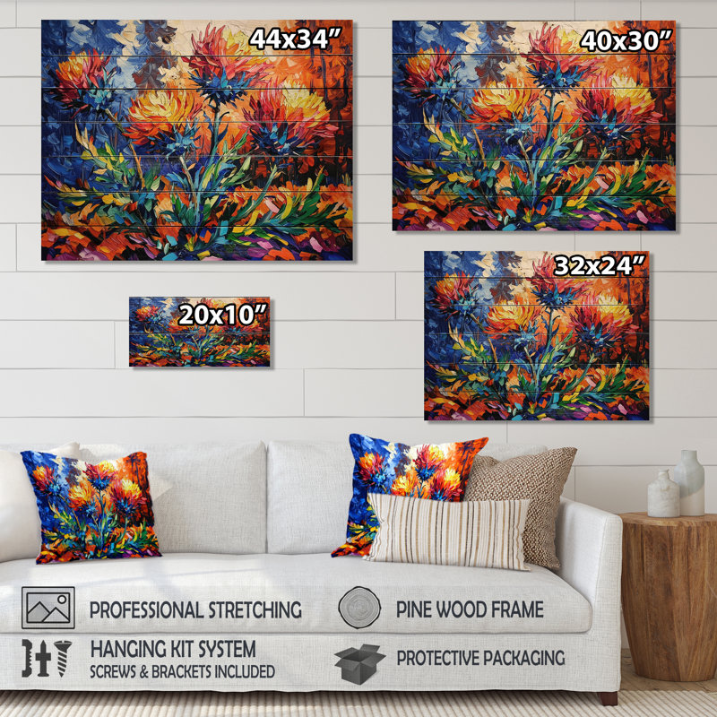 «Orange and Blue Thistle Bloom I», art mural traditionnel sur bois de pin naturel, H 24 po x l 32 po