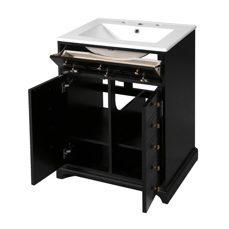 Meuble-lavabo de 24 po avec tiroir et deux portes à fermeture en douceur, armoire de rangement peinte moderne avec lavabo en céramique, meuble-lavabo simple élégant pour les petits espaces