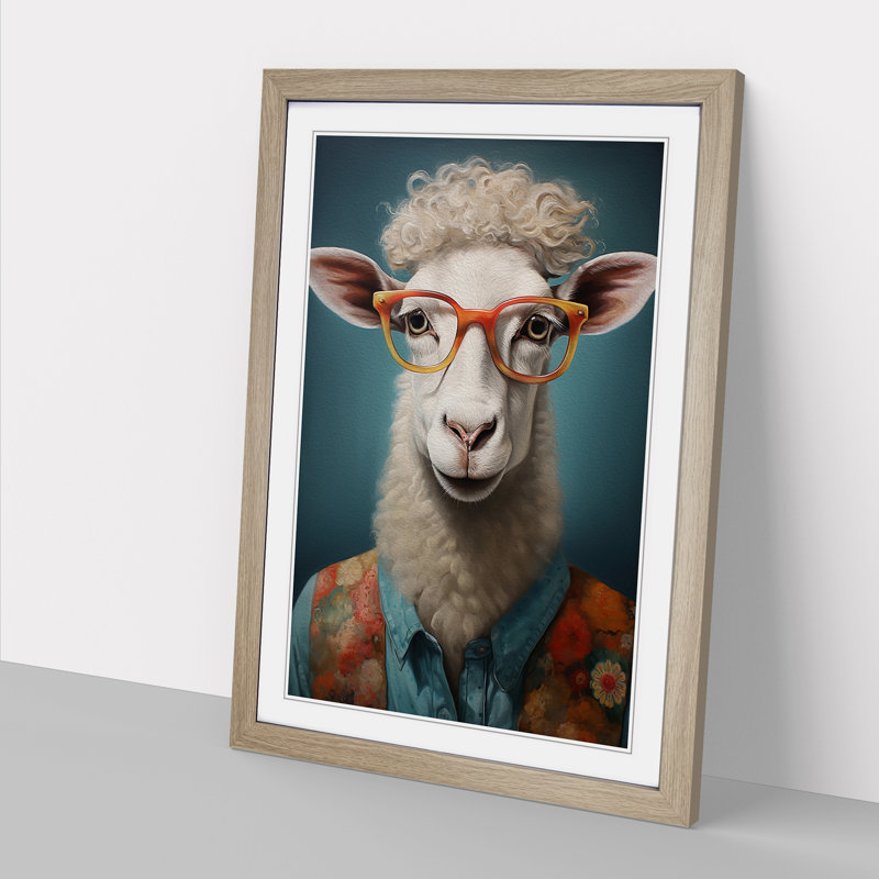 Sheep With Glasses Painting No.2 - Single Picture Frame Print on Wood, 34cm H x 25cm W x 2cm D, Oak Framed