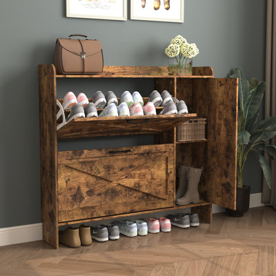 Range-chaussures étroit en brun rustique avec 2 tiroirs rabattables et une clôture supérieure pour les clés, un couloir autoportant, un coffre-fort facile à assembler, une armoire de rangement basculante, des panneaux réglables de miroir d'entrée,