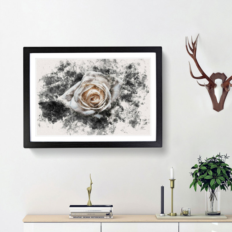 A White Rose Watercolour - Single Picture Frame Print on MDF, Black Framed, 62cm H x 87cm W x 2cm D