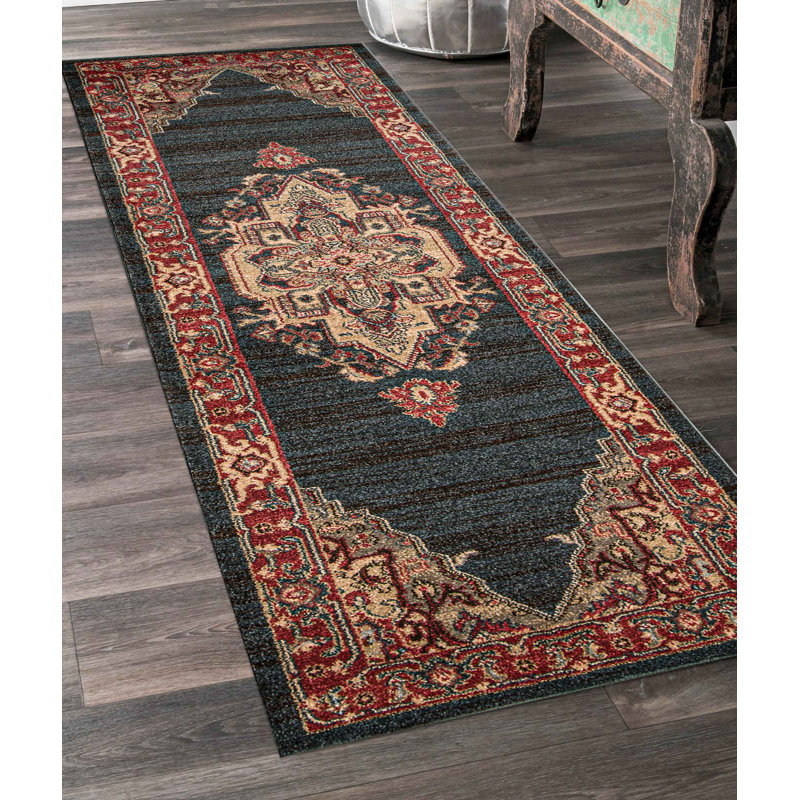Tapis bleu marine Gundars, Tapis de couloir 2 pi 3 po x 7 pi 6 po