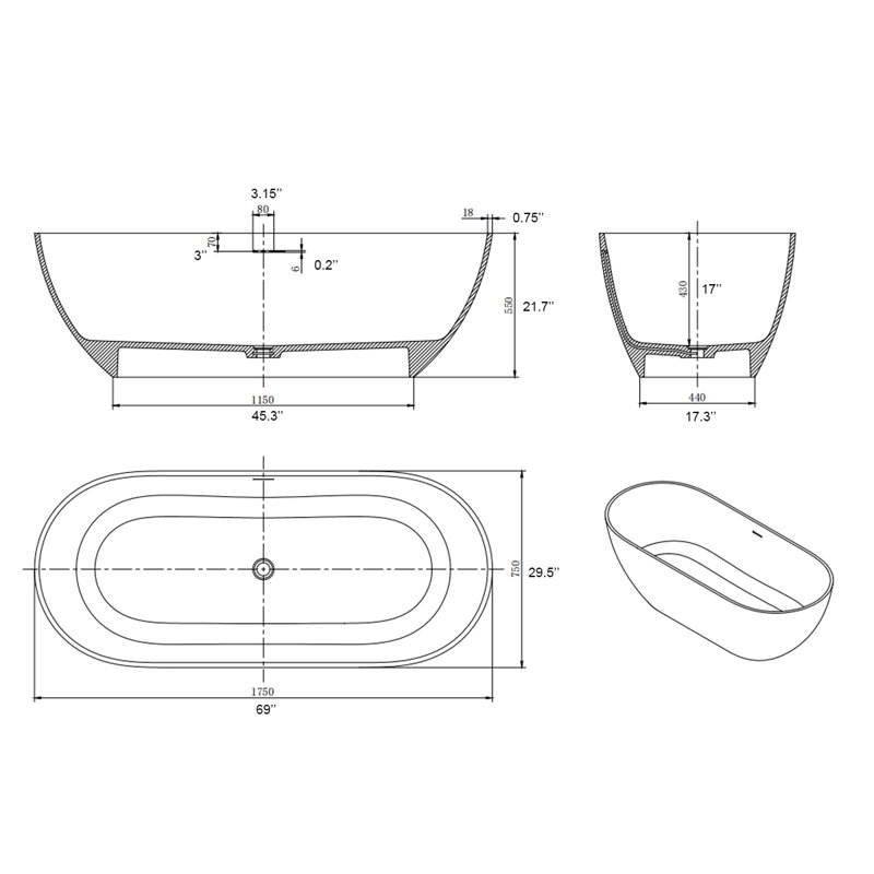 69'' x 29.5'' Freestanding Soaking Solid Surface Bathtub