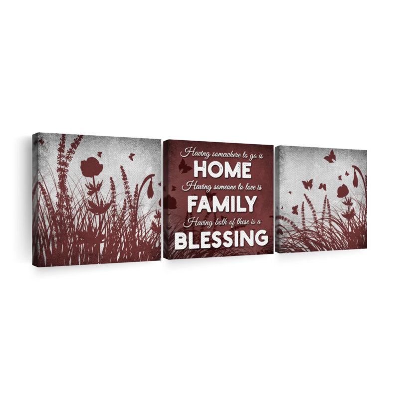 Ensemble de 3 pièces de citation sur toile "Family and home", H 36 po x l 110 po x P 1,25 po