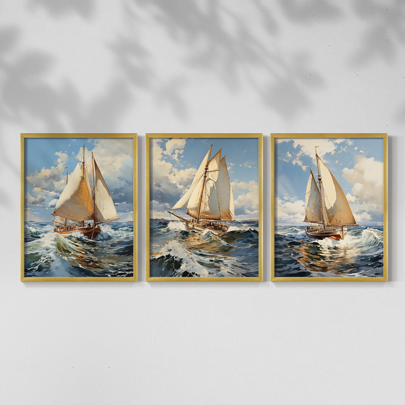 Série Sea and Shore Lxxv - ensemble de 3 estampes giclées encadrées - prêt à être accroché, Doré, H 28 po x l 66 po