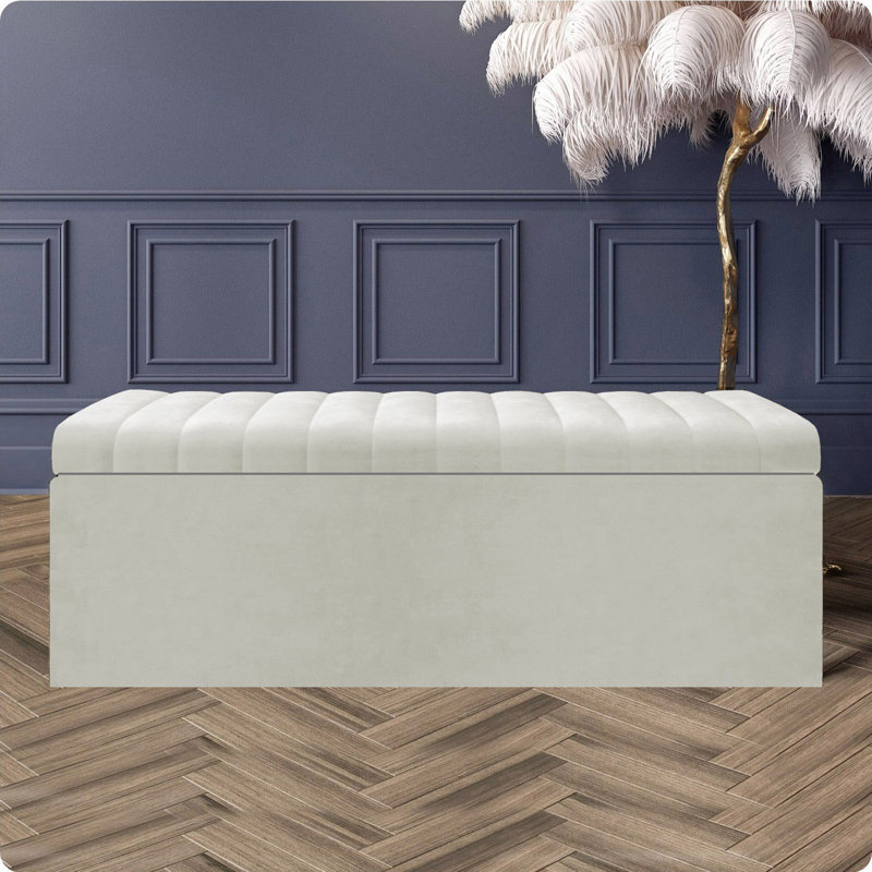 Safar Wide Velvet Rectangle Solid Color Standard Ottoman Box with Storage, Cream Plush Velvet, 180 cm