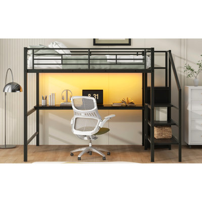 Lit mezzanine double en métal noir avec bureau, escalier de rangement, petite armoire et 7 couleurs à DEL, espace élégant de taille compacte, livré avec
