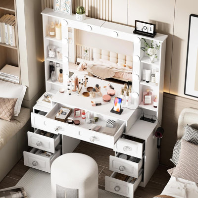 Dressing Table, Lights, Mirror, Drawers, Stool, Charging, Brightness - Adjustable Vanity Desk, Women, Cushioned Hair Dryer Holder