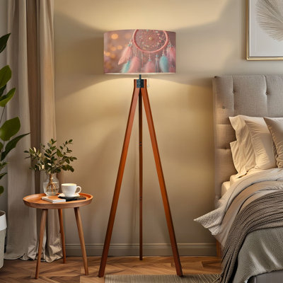  Lampe trépied sur pied en plumes roses Dreamcatcher plumes douces à télécommande avec pieds en bois de hêtre et abat-jour en lin amovible pour le salon et la chambre à coucher
