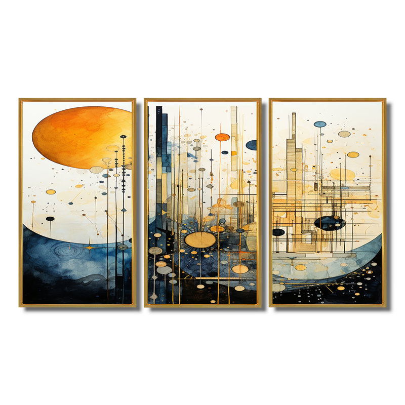 Pleine lune, musique, montagnes, paysage abstrait, ensemble d'art mural, Cadre flottant doré, H 40 po x l 60 po x P 1 po
