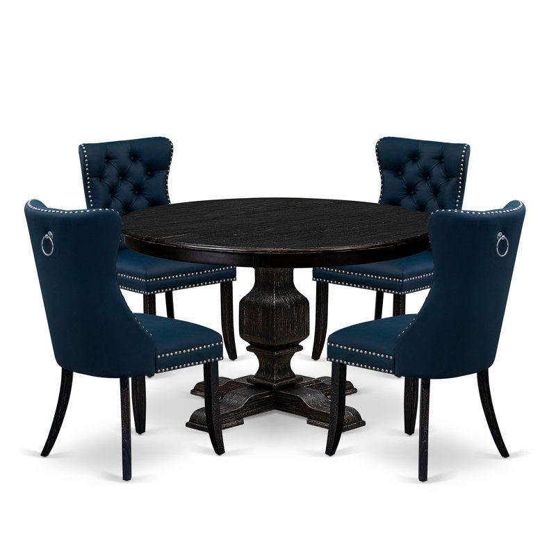 5 Piece Dining Table Set Contains a 48" Round Table with Pedestal and 4 Navy Blue Polyester Fabric Upholstered Chairs, Sand Blasted Black