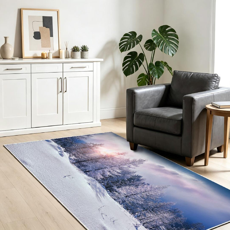 Clear Snow Trees Mountains Sunset Beautiful Winter Landscape Forest Creative Machine Washable Indoor Area Rug