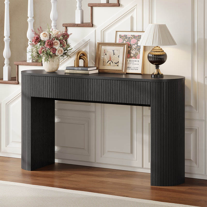 55'' Tambour Console Table With Oval Tabletop For Living Room Hallway Foyer Entrance Study, Black