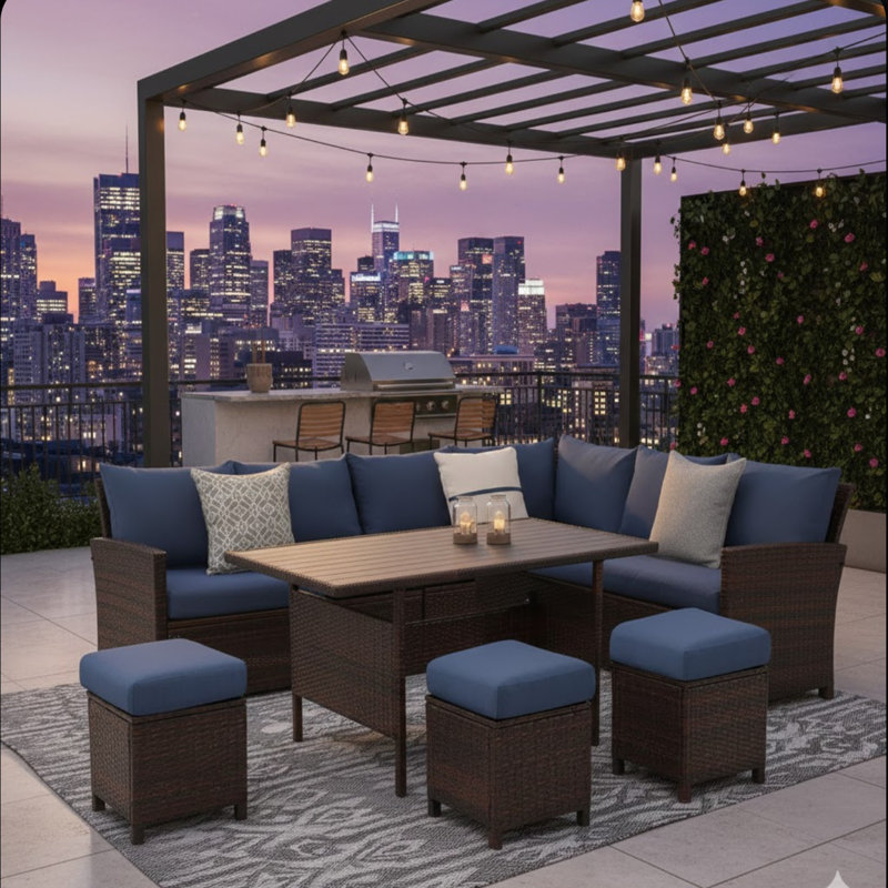 Canapé modulaire d'extérieur en osier 7 pièces 7 pièces avec coussins bleus avec repose-pieds et table de salle à manger