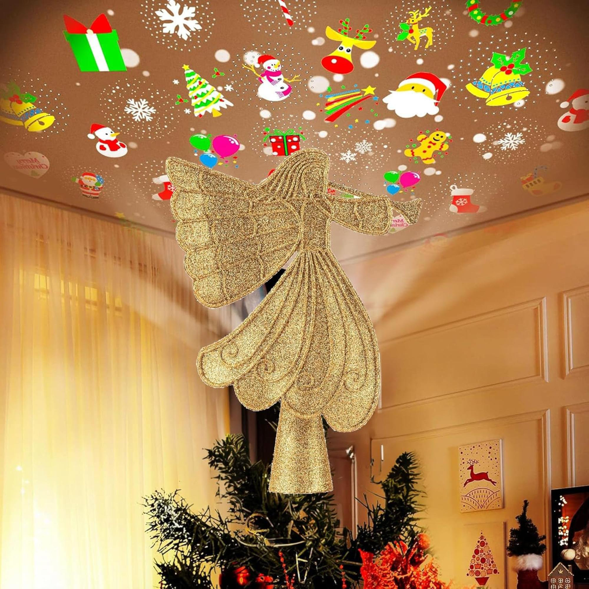 The Holiday Aisle® Christmas Angel Tree Topper With 6 Projection Modes, Hollowed Pentagram Tree Top With Gold Spangles Plated Plug In For Indoor Outdoor Christmas Decorations, Gold