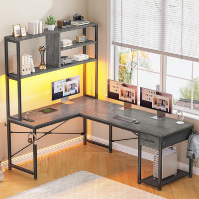 Petit bureau de coin en L réversible de 51,2 po avec tiroir, prise de courant et lumières à DEL en forme de L