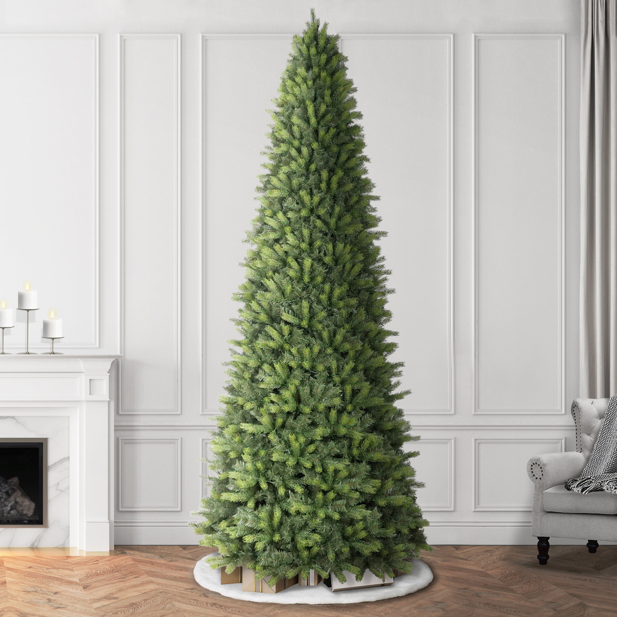 12' Pre-lit Artificial Kensington Fir Slim Tree With 1800 Dual-color Led Lights And A Fresh Christmas Tree Scent Dispenser