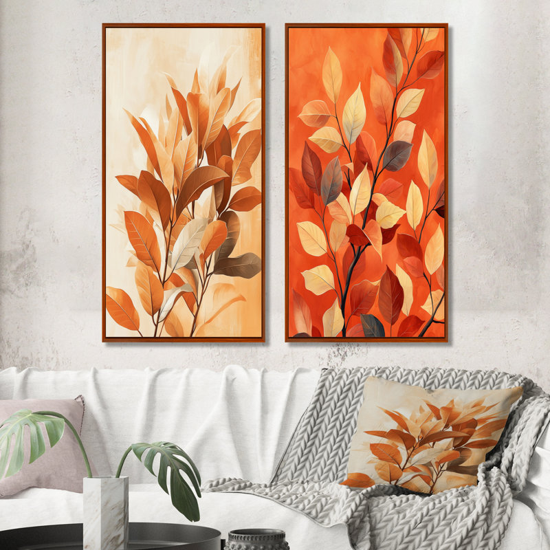 «Terracotta Leaves Layers Of Forest I», art mural floral 2 pièces, H 40 po x l 41 po, Brown Floater Framed