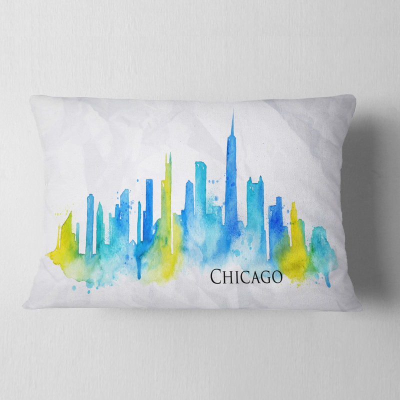 Coussin de silhouette cityscape painting chicago, Bleu
