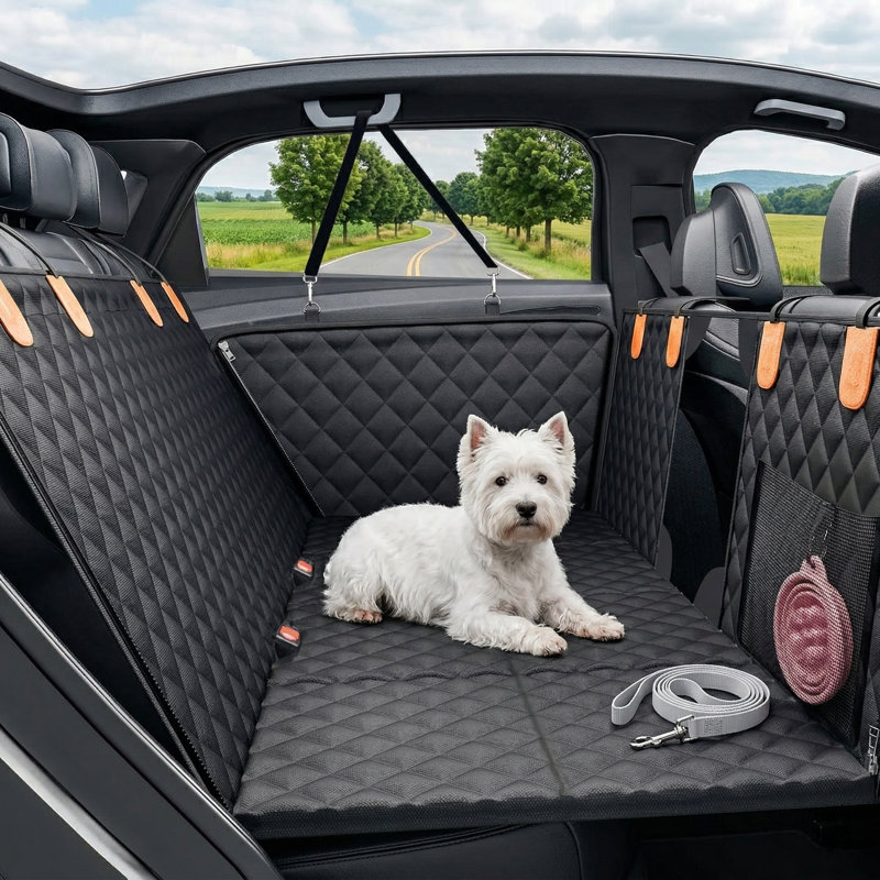 Système d'extension de siège arrière pour canins avec housse de siège d'automobile à base rigide pouvant supporter jusqu'à 400 livres, protecteur de siège arrière avec fenêtre de visualisation en filet, hamac imperméable pour animaux de compagnie convenant aux voitures, VUS et camions.