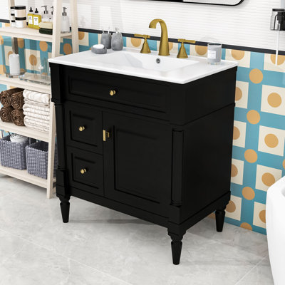 Meuble-lavabo avec lavabo en céramique, tablette réglable, 3 tiroirs et armoire de rangement
