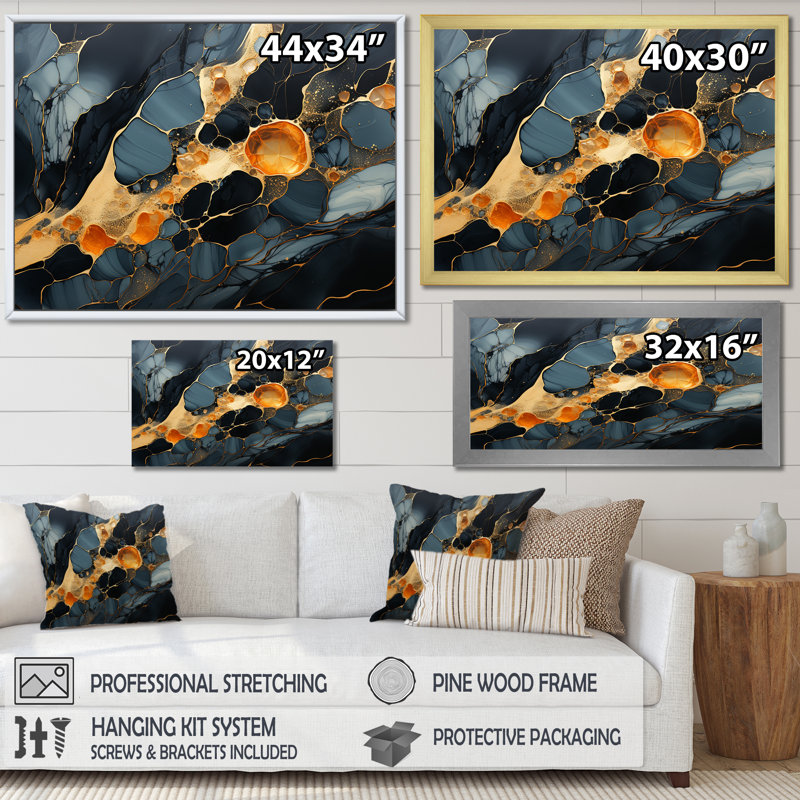 Pierre de protection noire obsidienne sur toile, Cadre doré simple, H 24 po x l 32 po x P 1 po
