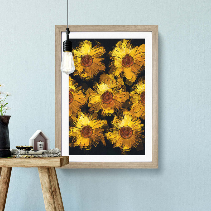 A Wall of Yellow Sunflowers in Abstract - Framed Print, 36cm H x 27cm W x 2cm D, Oak Framed