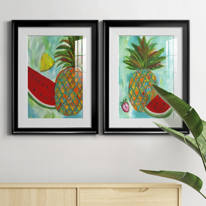 Ananas et melon d'eau I - ensemble de 2 reproductions d'art, H 18,5 po x l 49 po x P 1,5 po, Papier encadré noir, Blanc