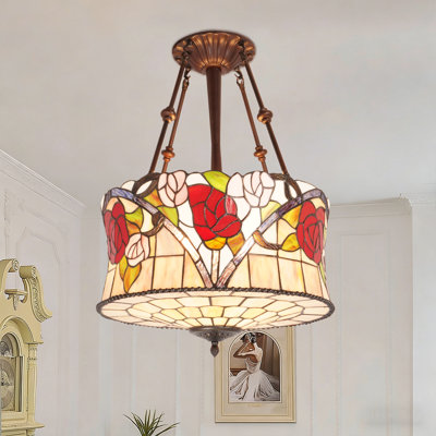 Tiffany Style Stained Glass Pendant Light, 24.4" H Floral Ceiling Lamp With 5 Lights