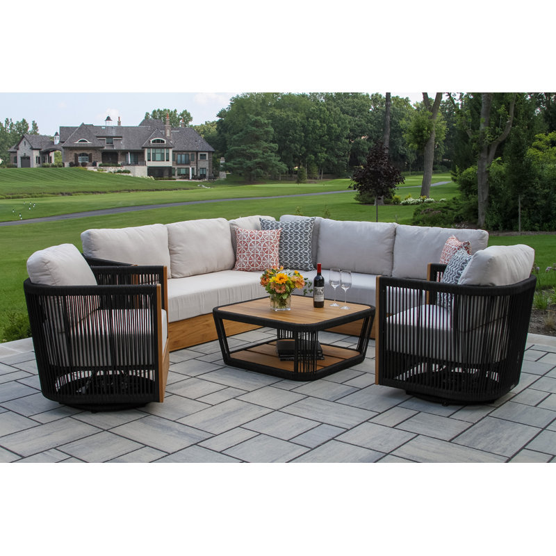 Aniston 5-piece Teak & Black Rope Outdoor Seating Set With Swivel Chairs And Sunbrella Cushions