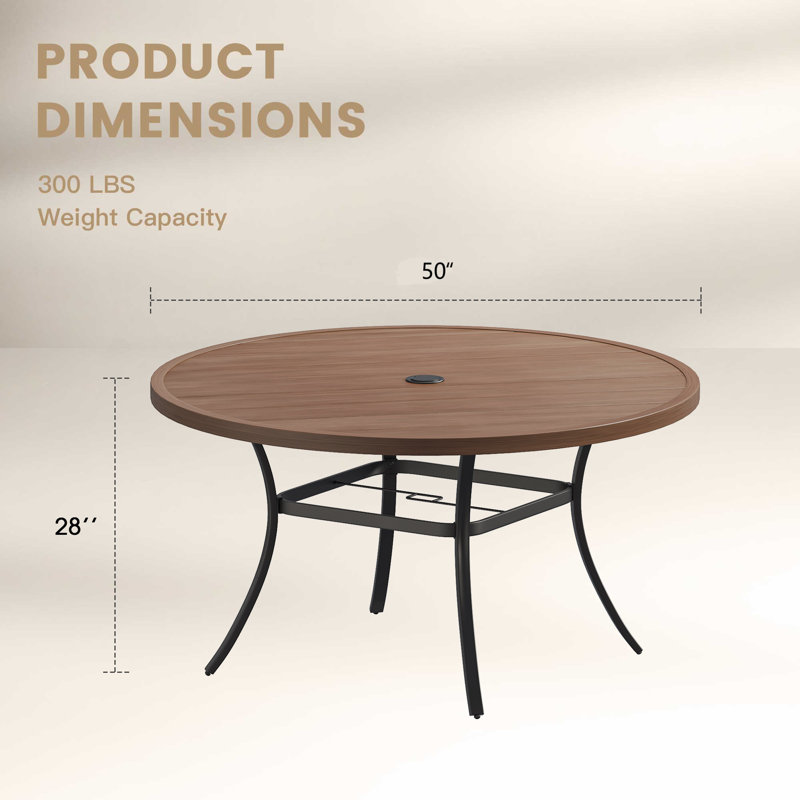 50“ Round Metal Outdoor Dining Table, Walnut