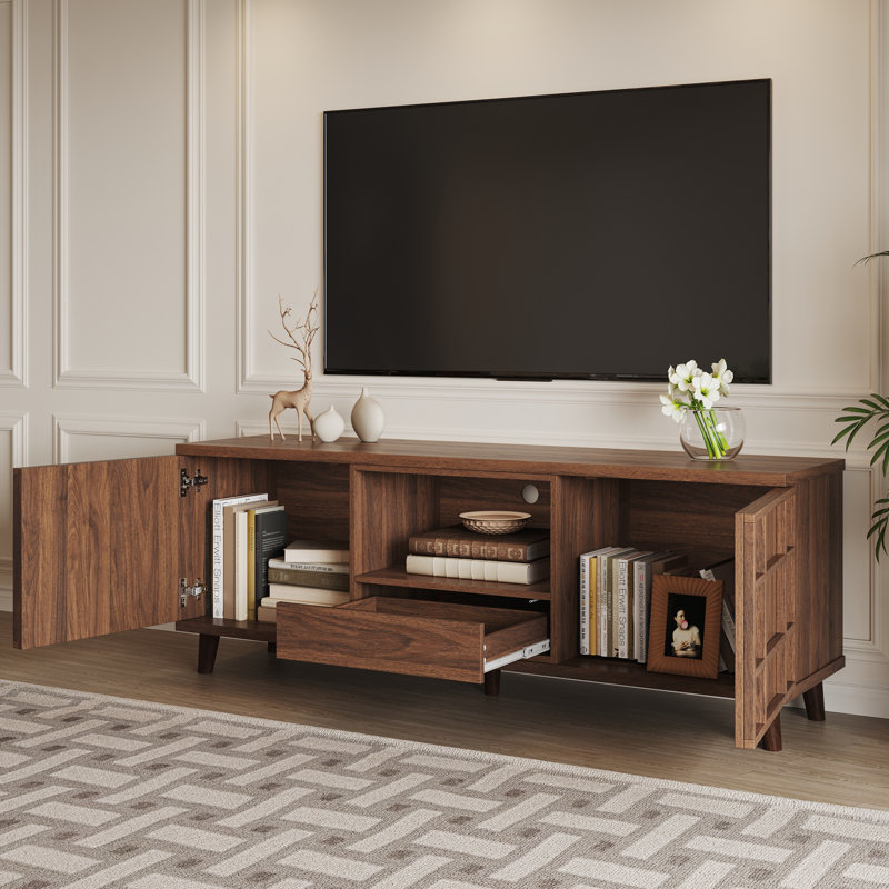 59" Mid-Century Modern TV Stand with Storage Cabinet and Media Center, Walnut Finish, Fits TVs up to 65"