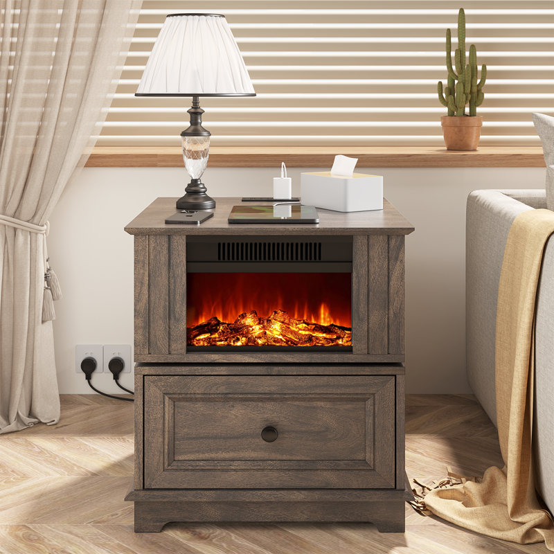 Bilbe 23''Tall Freestanding Electric Fireplace Heater End Table with Drawer and Built-in Outlets, Brown
