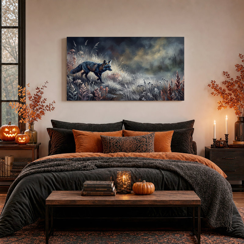 Art mural sur toile, "Renard argenté marchant dans de hautes herbes", 58“W x 28”H