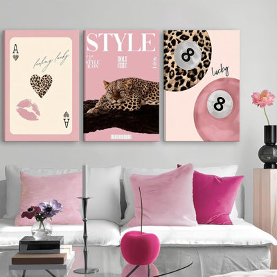 Set Of 3 Framed Trendy Pink Leopard Canvas Wall Art Funky Lucky 8 Ball Posters Prints Preppy Room Aesthetic Cheetah Wall Decor Pictures Bedroom Apartment Dorm Decoration