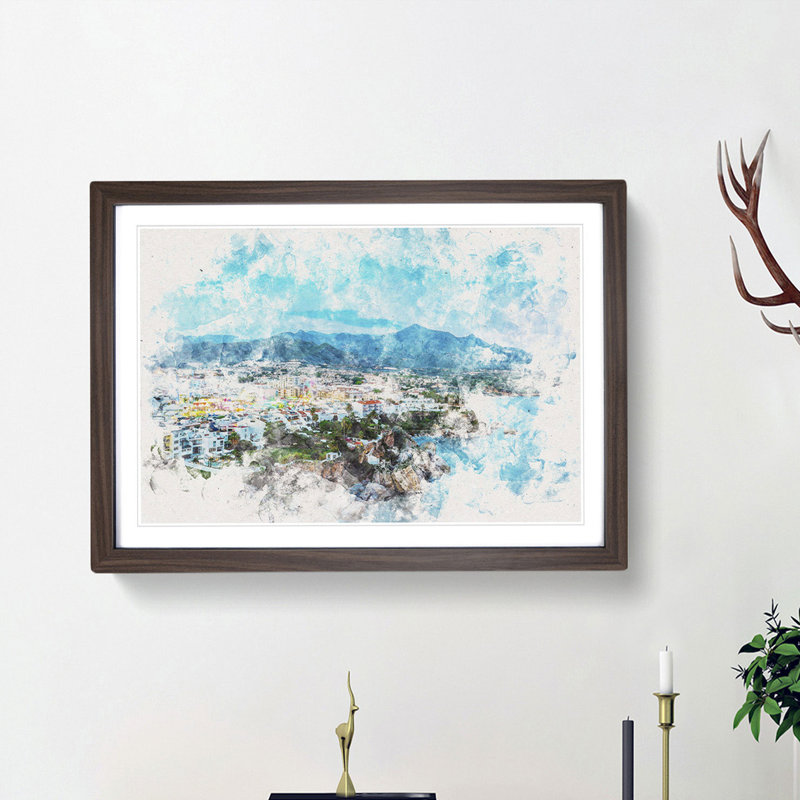 Skyline of Nerja in Spain - Picture Frame Painting Print, 45cm H x 63cm W x 2cm D, Walnut Framed