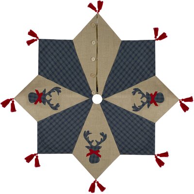 48"" Blue And Brown Burlap And Plaid Reindeer Christmas Tree Skirt With Tassels -  Northlight Seasonal, NORTHLIGHT LT91562