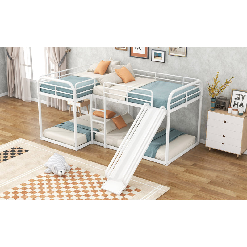 Lit superposé en L pour lit double et simple avec glissière et échelle courte, Blanc
