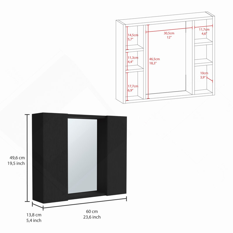 Armoire à pharmacie, double porte, miroir, une tablette extérieure - noir, Noir