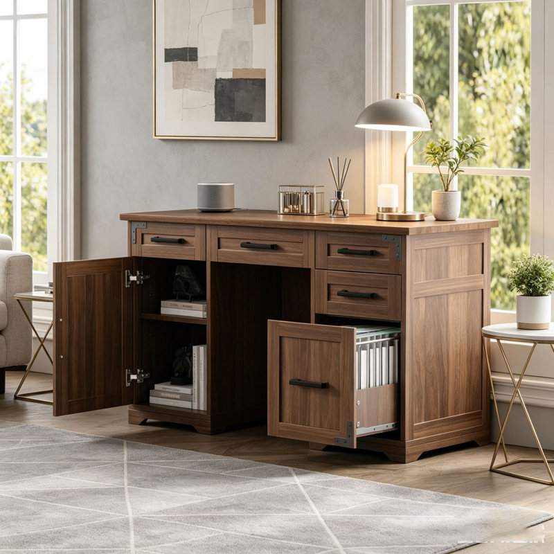 55" Farmhouse Executive Desk with Charging Station & Power Outlet, Walnut