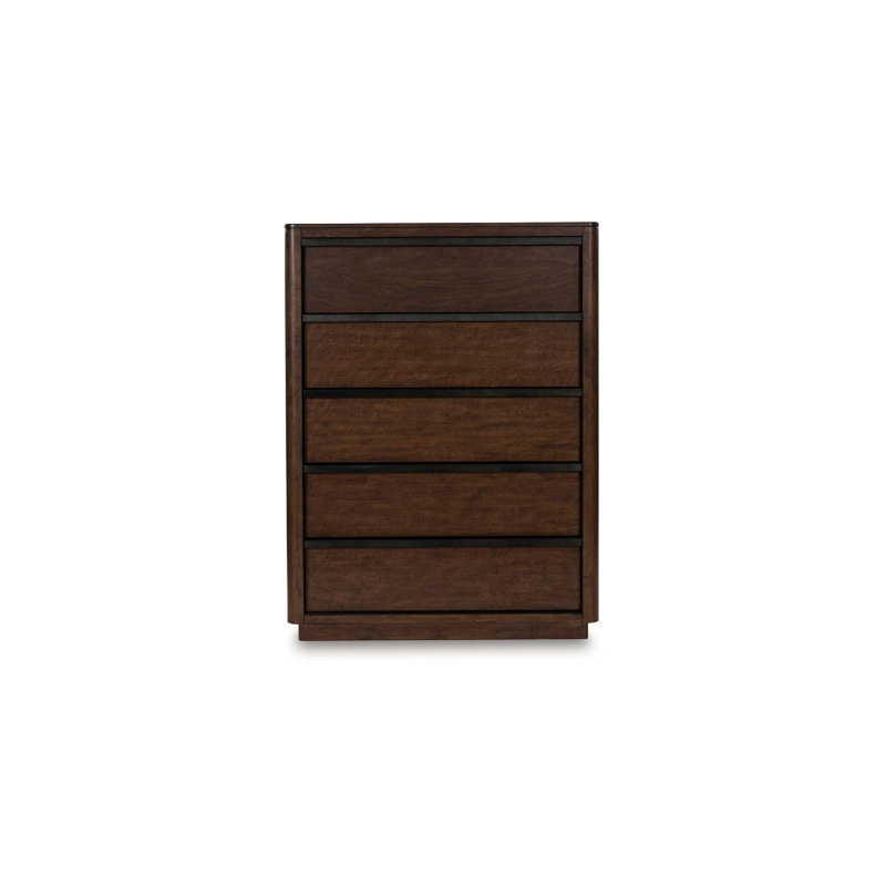 Commode haute 5 tiroirs Dely, poignées en métal noir, brun foncé